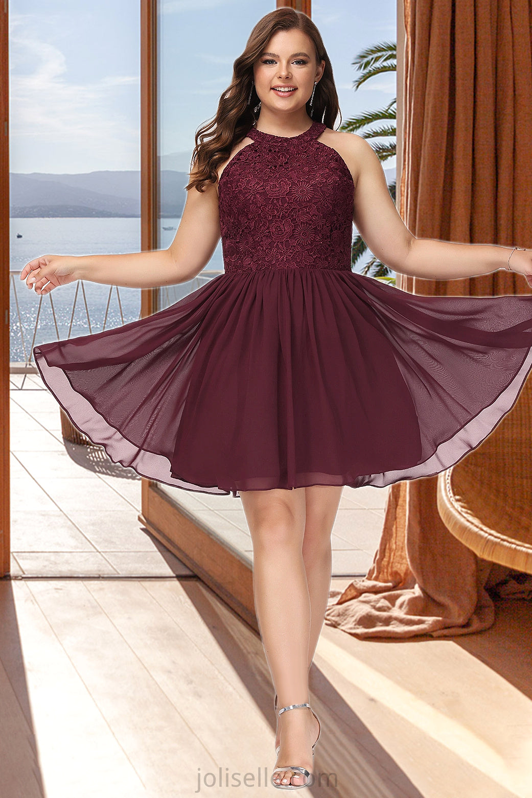 Monserrat A-line Scoop Short/Mini Chiffon Lace Homecoming Dress XXSP0020555