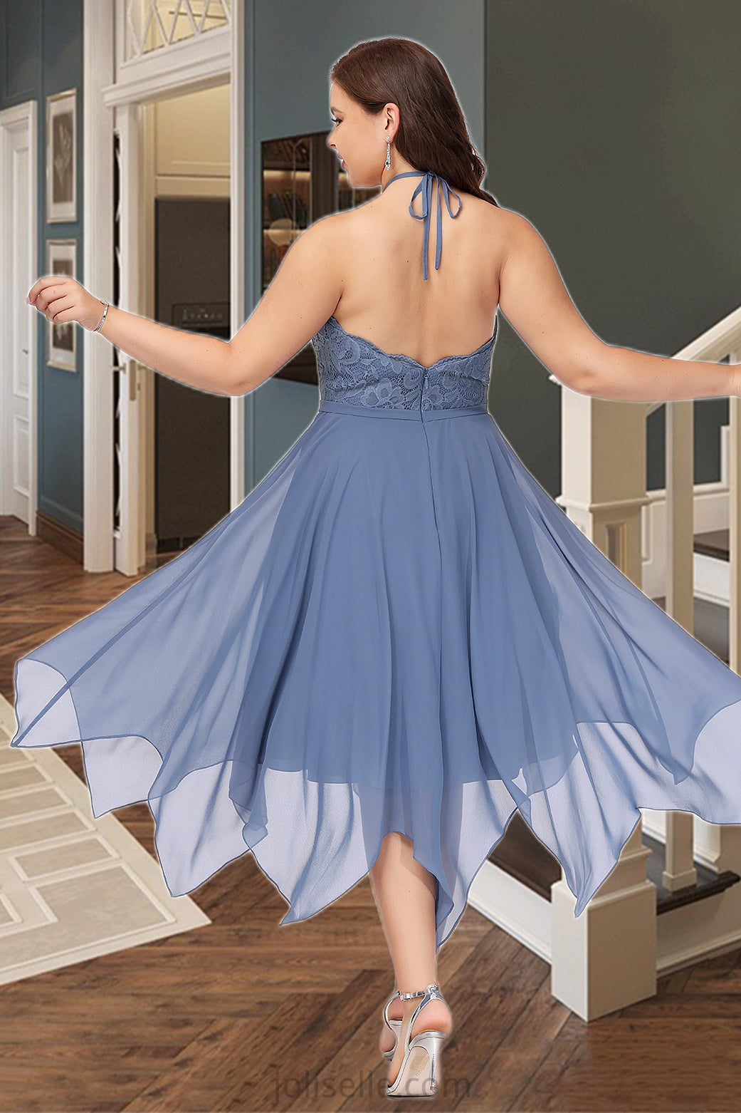 Annie A-line Halter Asymmetrical Chiffon Lace Homecoming Dress XXSP0020561