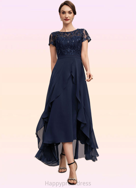 Marie A-Line Scoop Neck Asymmetrical Chiffon Lace Mother of the Bride Dress With Sequins Bow(s) Cascading Ruffles XXS126P0014530