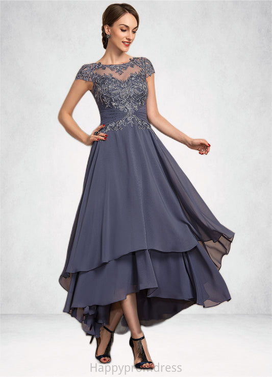 Joan A-Line Scoop Neck Asymmetrical Chiffon Lace Mother of the Bride Dress With Beading XXS126P0014534
