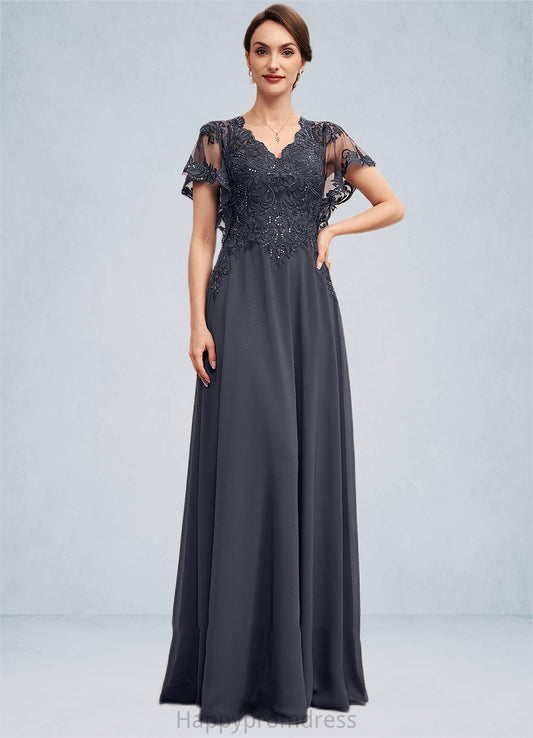Nina A-line V-Neck Floor-Length Chiffon Lace Mother of the Bride Dress With Sequins XXS126P0014542