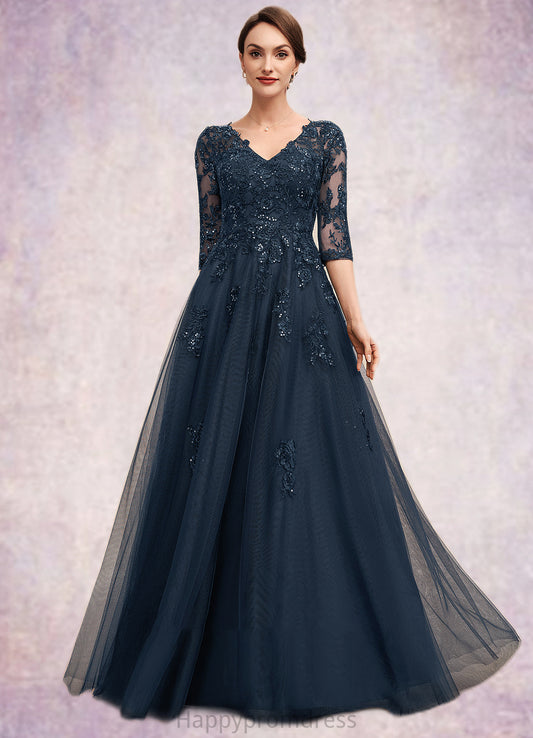 Hana A-Line V-neck Floor-Length Tulle Lace Mother of the Bride Dress With Sequins XXS126P0014543