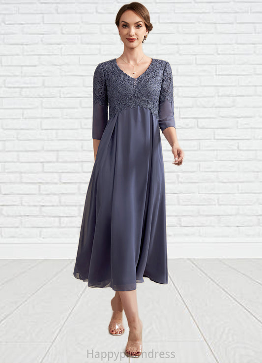 Penelope A-line V-Neck Tea-Length Chiffon Lace Mother of the Bride Dress With Beading XXS126P0014554