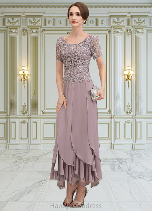 Olympia A-Line Scoop Neck Ankle-Length Chiffon Lace Mother of the Bride Dress With Cascading Ruffles XXS126P0014555
