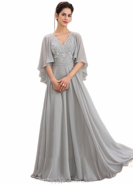 Ansley A-line V-Neck Floor-Length Chiffon Lace Mother of the Bride Dress With Beading Sequins XXS126P0014563