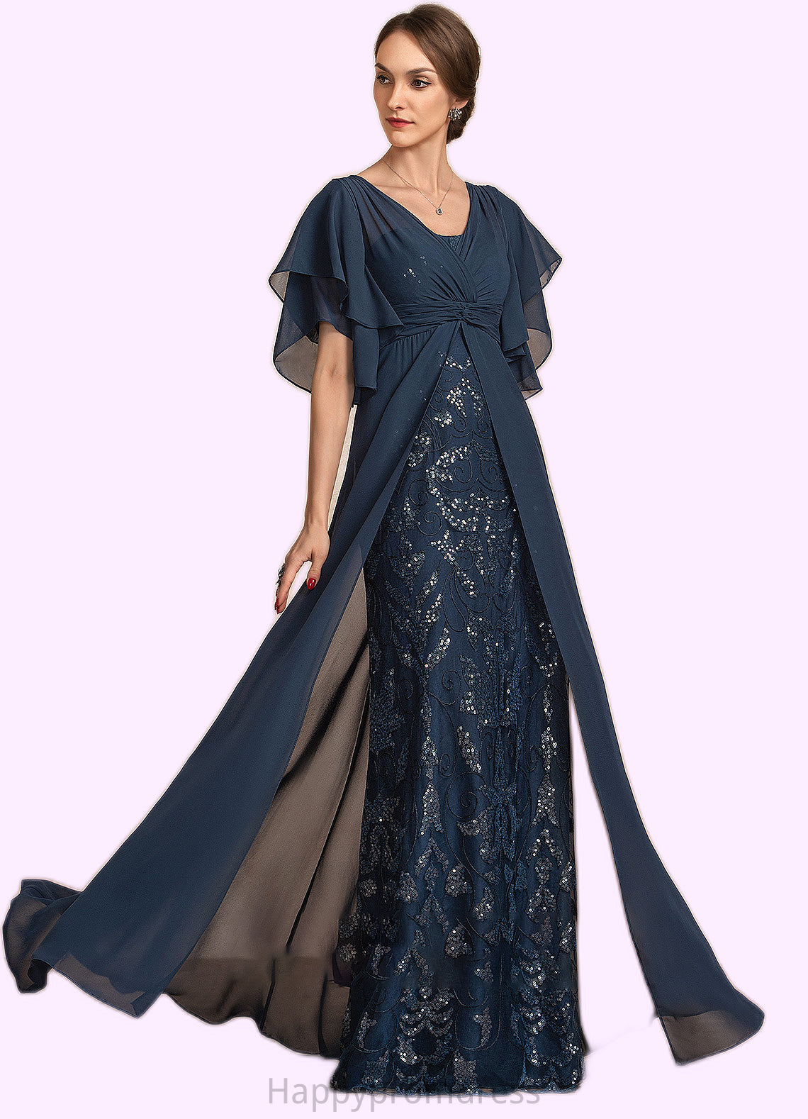 Emilie Sheath/Column V-neck Floor-Length Chiffon Lace Mother of the Bride Dress With Ruffle Sequins XXS126P0014573