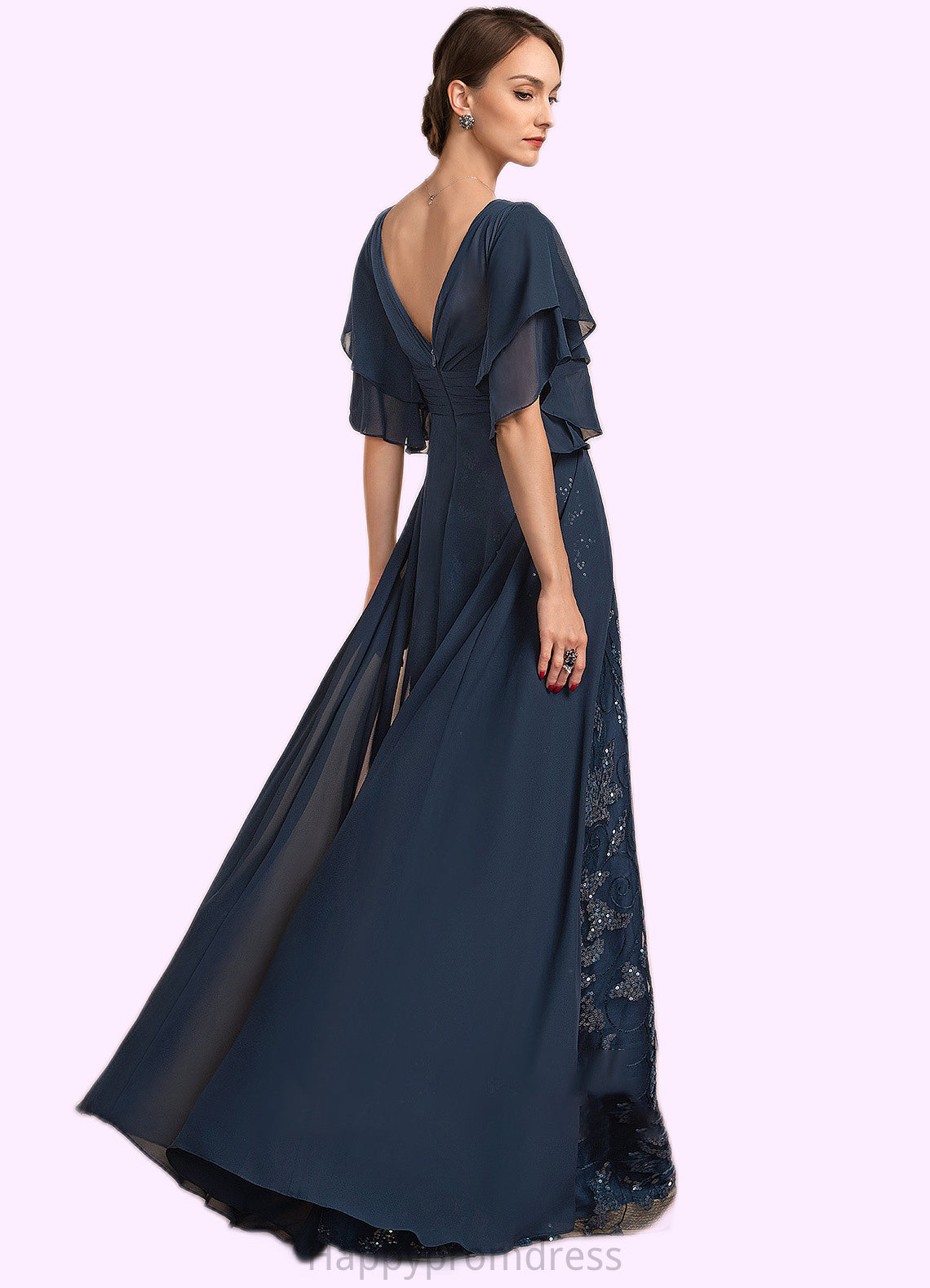 Emilie Sheath/Column V-neck Floor-Length Chiffon Lace Mother of the Bride Dress With Ruffle Sequins XXS126P0014573