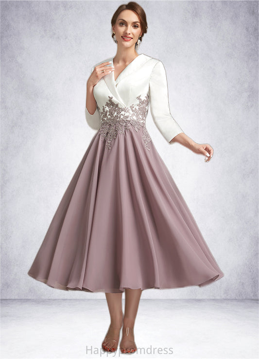 Peyton A-Line V-neck Tea-Length Chiffon Lace Mother of the Bride Dress XXS126P0014575