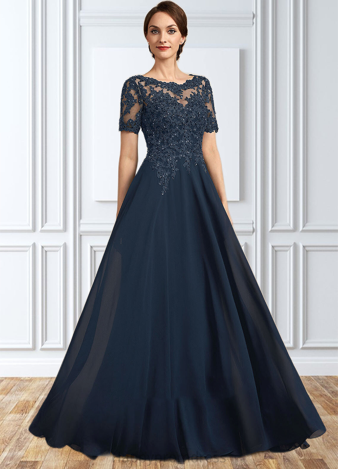 Clara A-Line Scoop Neck Floor-Length Chiffon Lace Mother of the Bride Dress With Beading Sequins XXS126P0014577