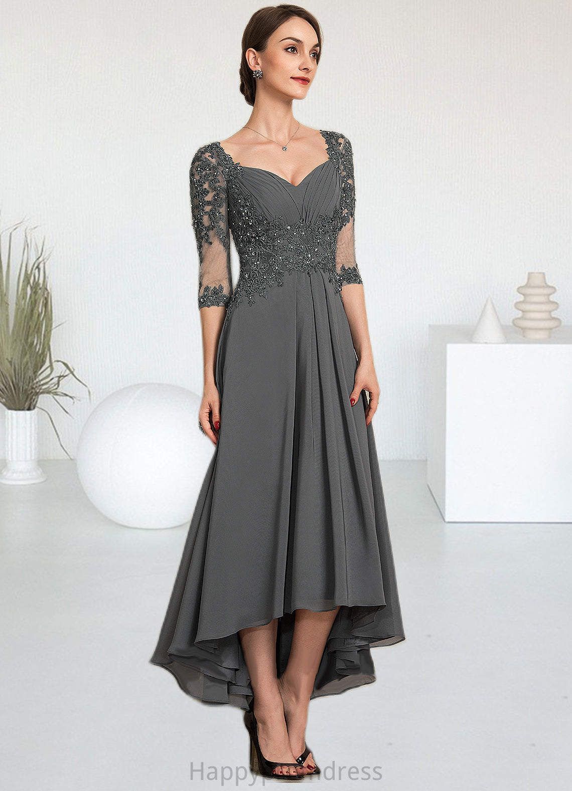 Adeline A-Line Sweetheart Asymmetrical Chiffon Lace Mother of the Bride Dress With Beading Sequins XXS126P0014579