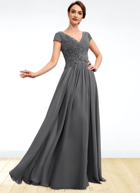 Thalia A-Line V-neck Floor-Length Chiffon Mother of the Bride Dress With Ruffle Lace Beading Sequins XXS126P0014582