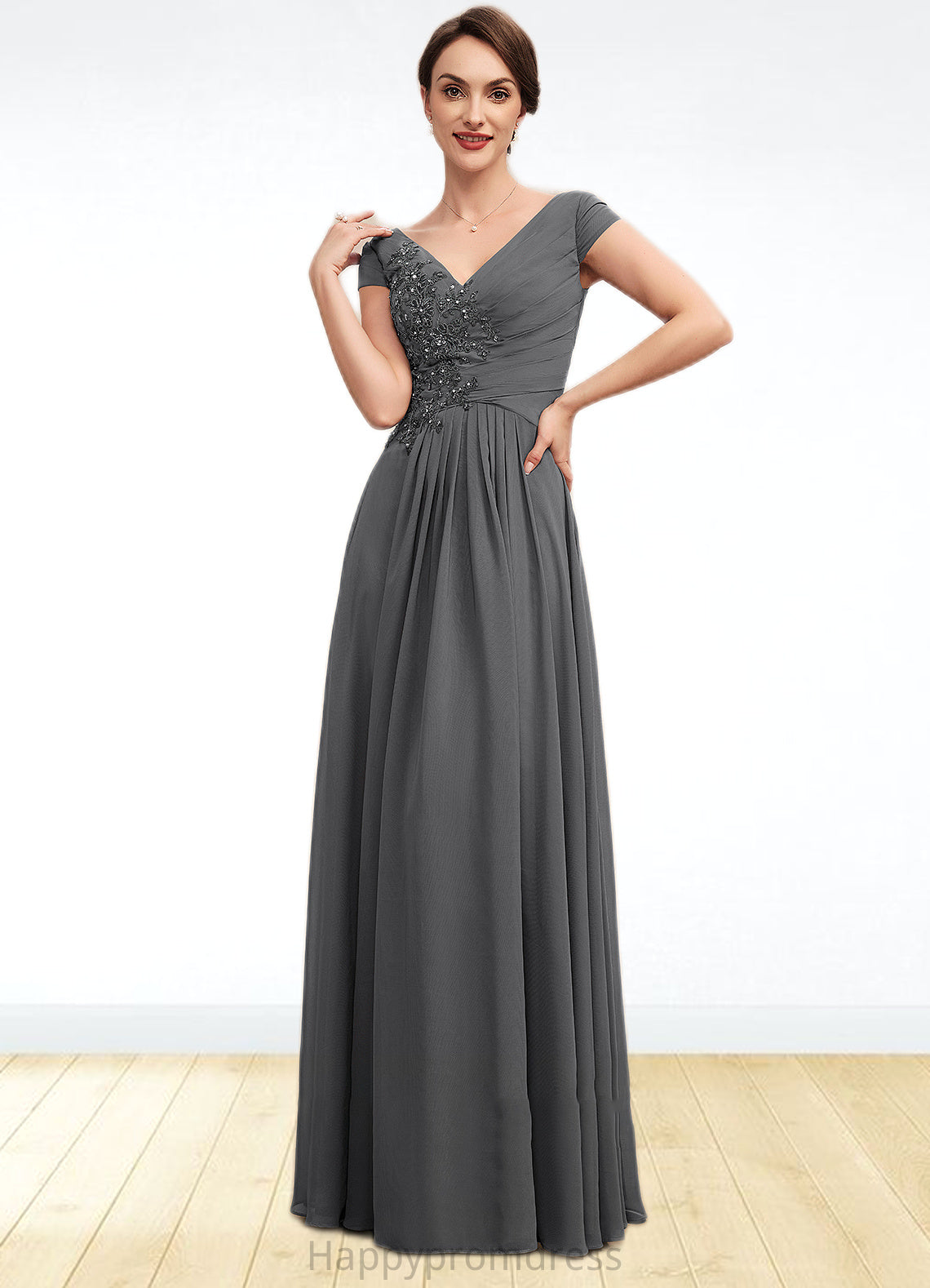 Thalia A-Line V-neck Floor-Length Chiffon Mother of the Bride Dress With Ruffle Lace Beading Sequins XXS126P0014582