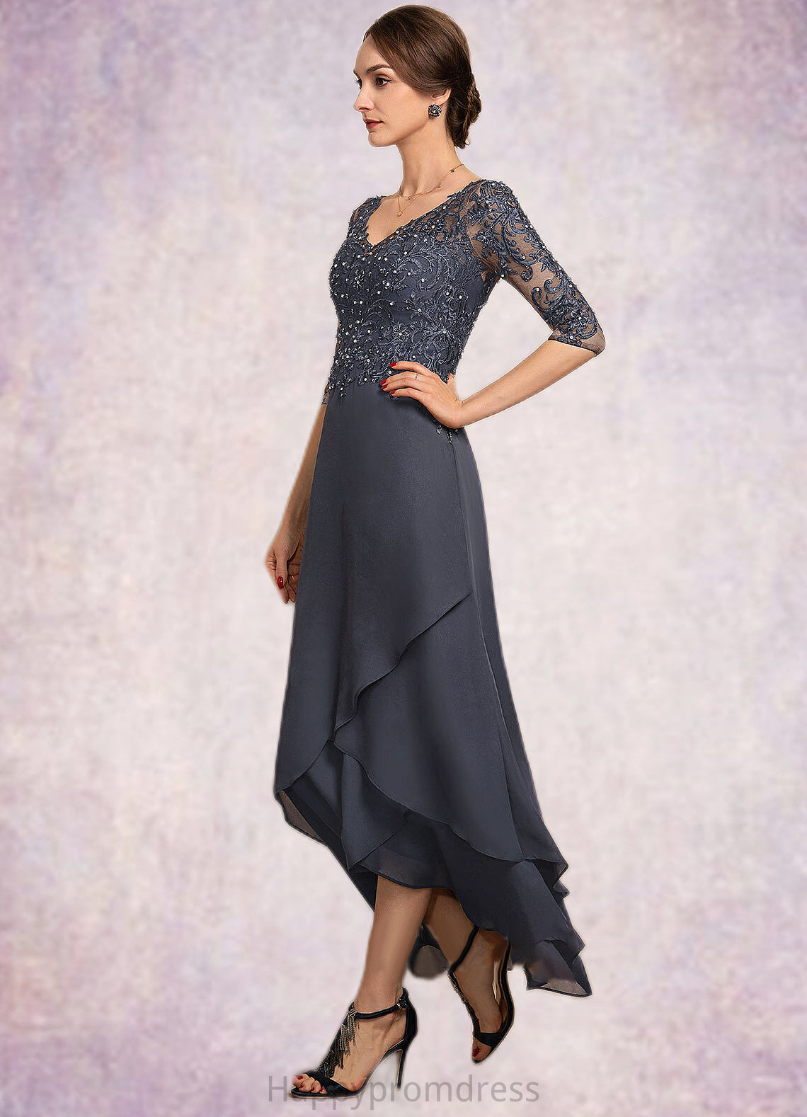 Nora A-line V-Neck Asymmetrical Chiffon Lace Mother of the Bride Dress With Beading Sequins XXS126P0014584