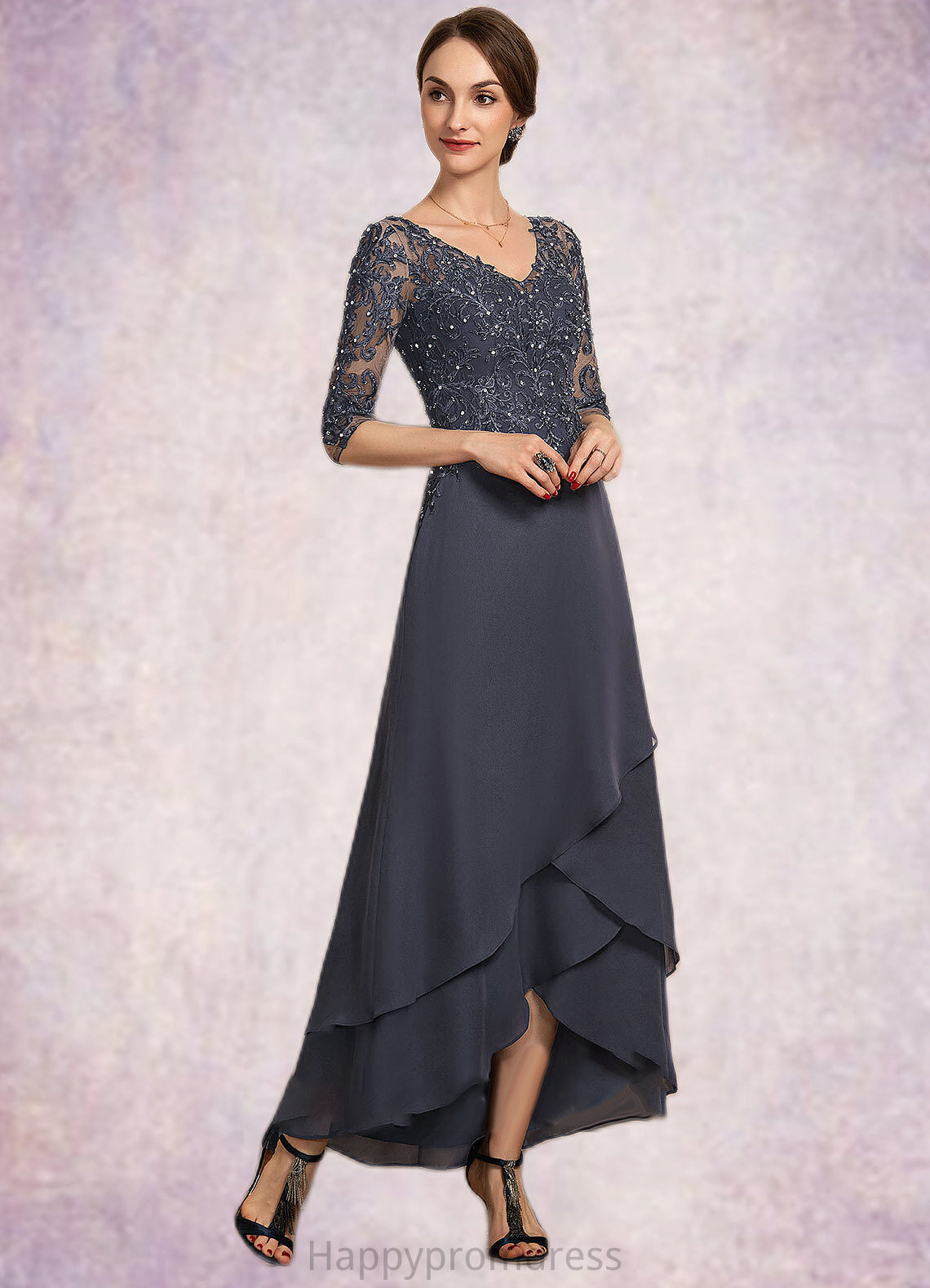 Nora A-line V-Neck Asymmetrical Chiffon Lace Mother of the Bride Dress With Beading Sequins XXS126P0014584
