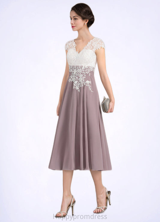 Marian A-Line V-neck Tea-Length Chiffon Lace Mother of the Bride Dress XXS126P0014588