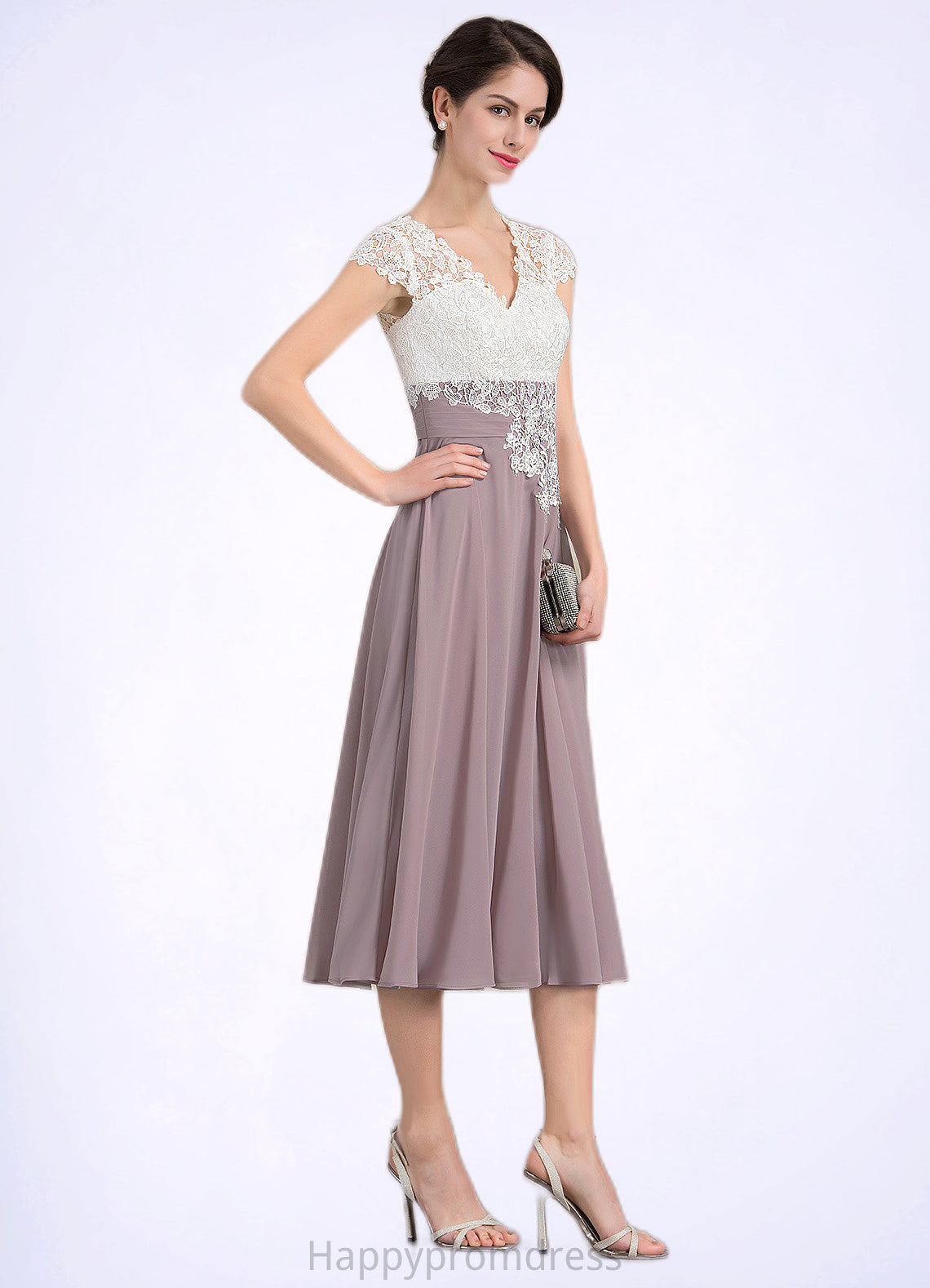 Marian A-Line V-neck Tea-Length Chiffon Lace Mother of the Bride Dress XXS126P0014588