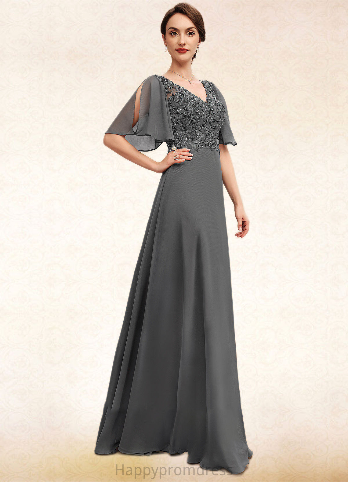 Alyssa A-line V-Neck Floor-Length Chiffon Lace Mother of the Bride Dress With Beading Sequins XXS126P0014589