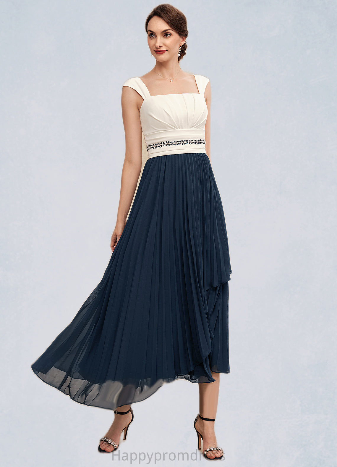 Jaylyn A-Line Square Neckline Tea-Length Chiffon Mother of the Bride Dress With Beading Sequins Pleated XXS126P0014594