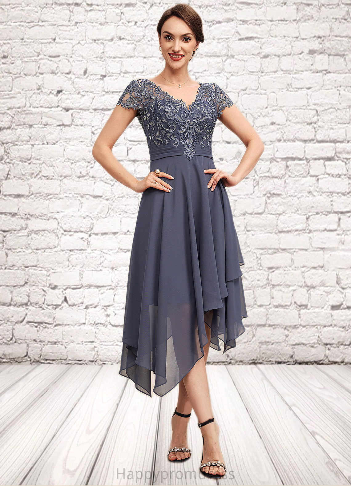 Karlee A-Line V-neck Asymmetrical Chiffon Lace Mother of the Bride Dress With Ruffle XXS126P0014596