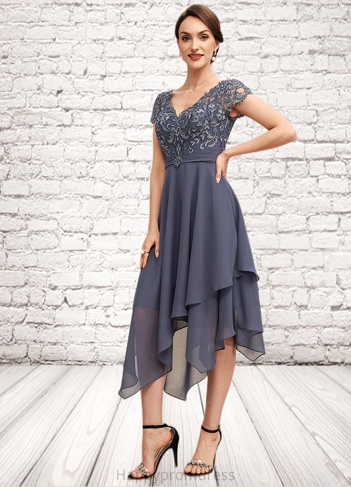Karlee A-Line V-neck Asymmetrical Chiffon Lace Mother of the Bride Dress With Ruffle XXS126P0014596