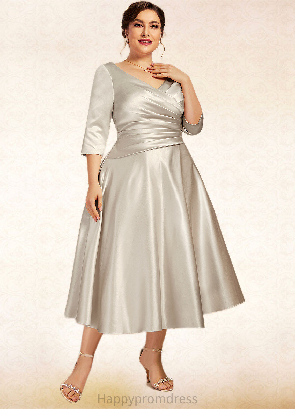 Amiah A-Line V-neck Tea-Length Satin Mother of the Bride Dress With Ruffle XXS126P0014598