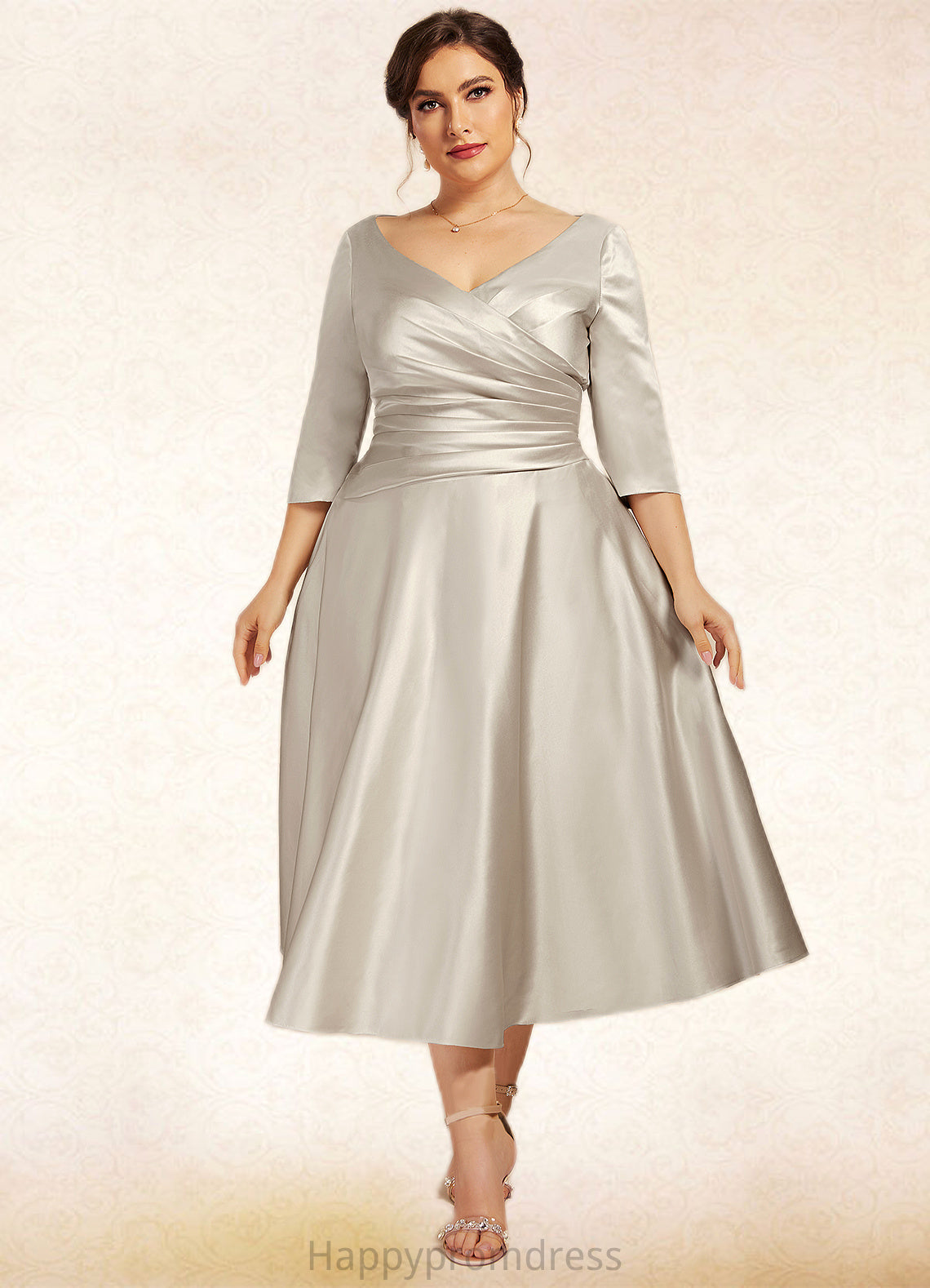 Amiah A-Line V-neck Tea-Length Satin Mother of the Bride Dress With Ruffle XXS126P0014598