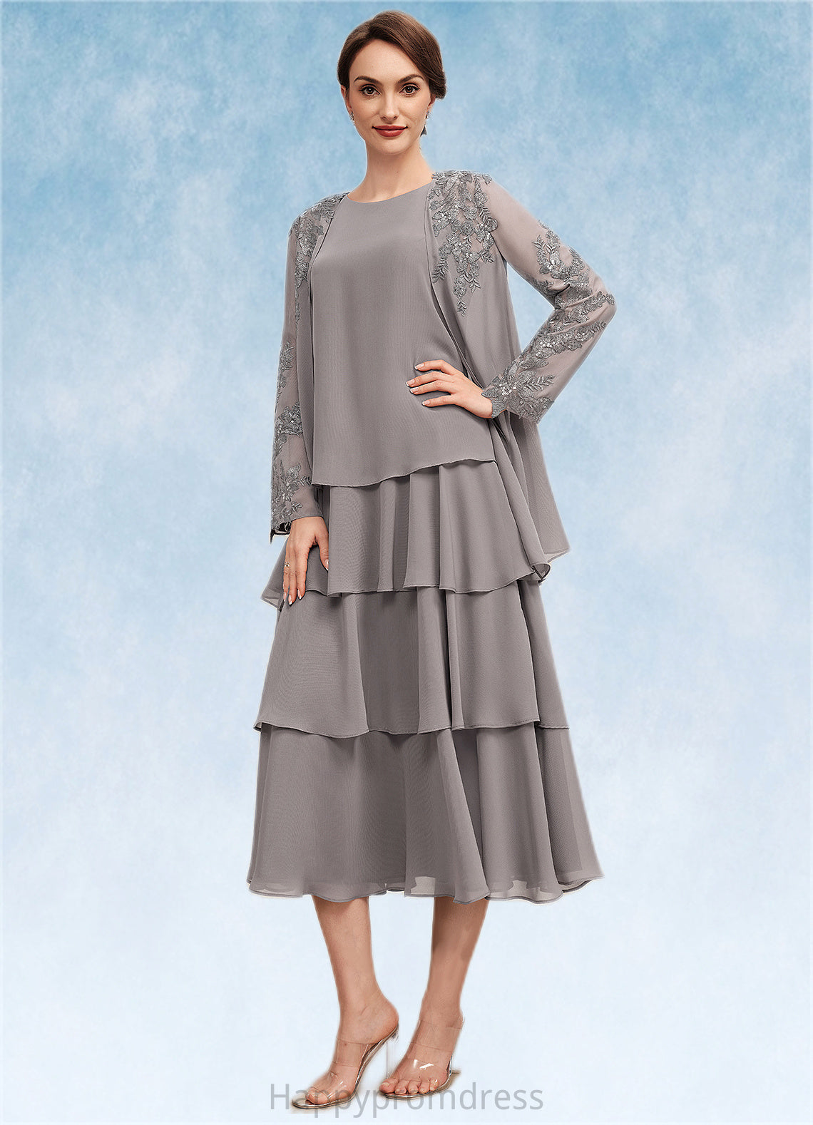 Ally A-Line Scoop Neck Tea-Length Chiffon Mother of the Bride Dress With Cascading Ruffles XXS126P0014603