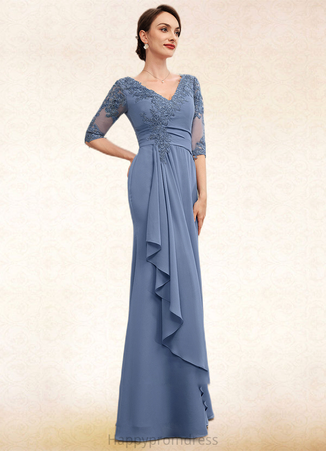 Aaliyah A-Line V-neck Floor-Length Chiffon Lace Mother of the Bride Dress With Cascading Ruffles XXS126P0014609