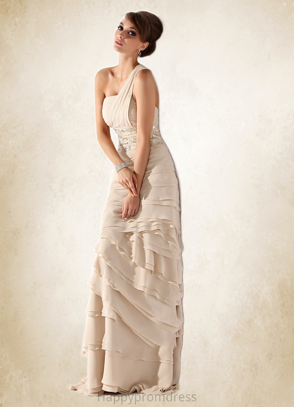 Lainey A-Line One-Shoulder Sweep Train Chiffon Mother of the Bride Dress With Beading Cascading Ruffles XXS126P0014610