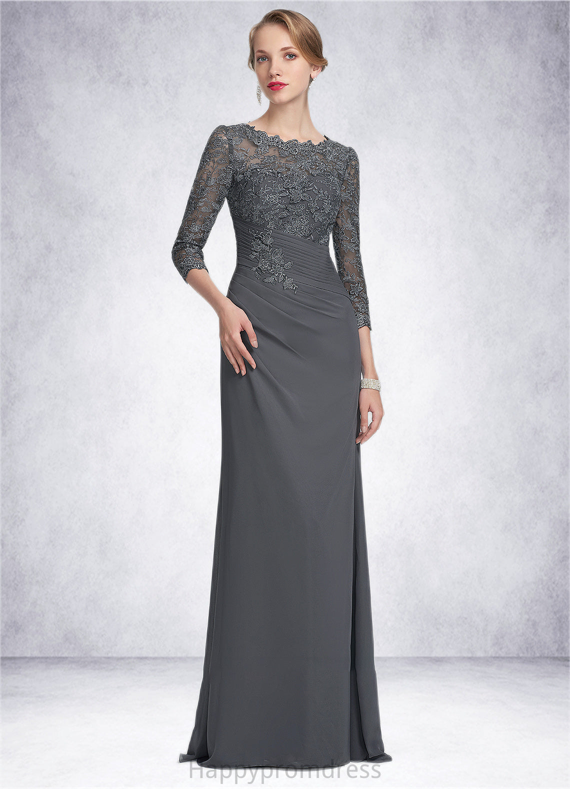 Stella Sheath/Column Scoop Neck Floor-Length Chiffon Lace Mother of the Bride Dress With Ruffle XXS126P0014611