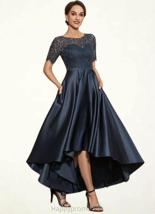 Paityn A-Line Scoop Neck Asymmetrical Satin Lace Mother of the Bride Dress With Pockets XXS126P0014613