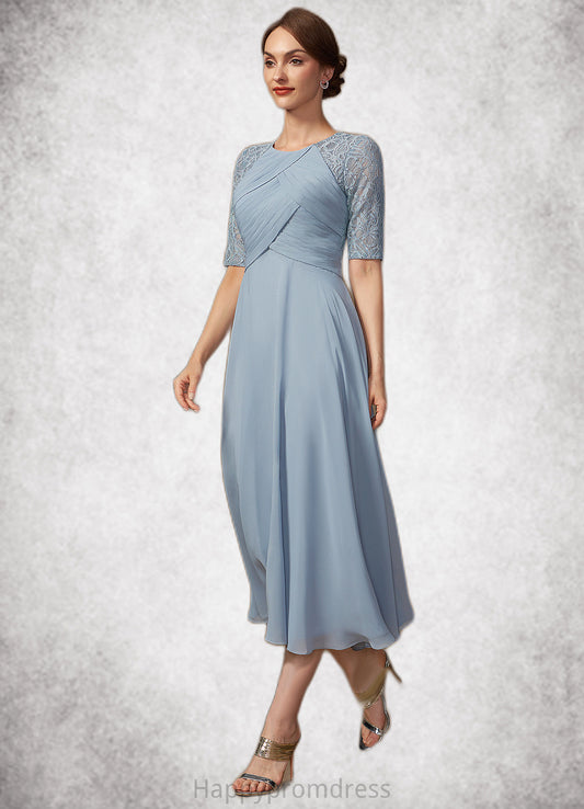 Margaret A-Line Scoop Neck Tea-Length Chiffon Lace Mother of the Bride Dress With Ruffle XXS126P0014616