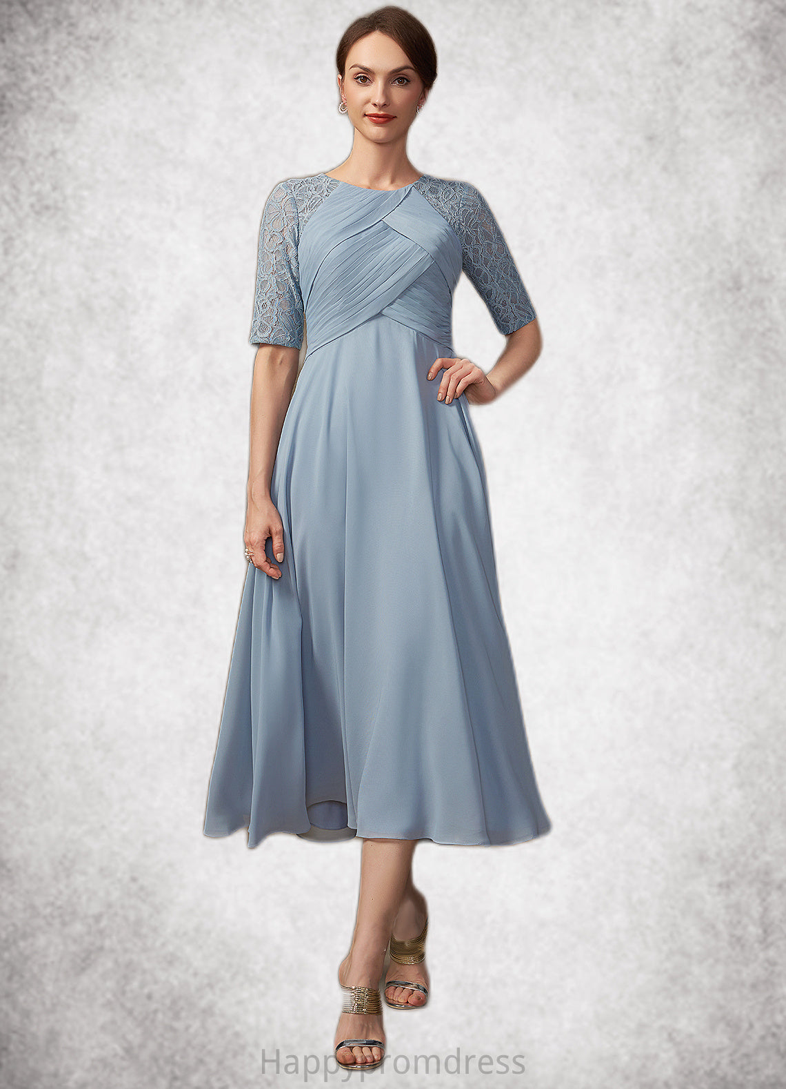 Margaret A-Line Scoop Neck Tea-Length Chiffon Lace Mother of the Bride Dress With Ruffle XXS126P0014616