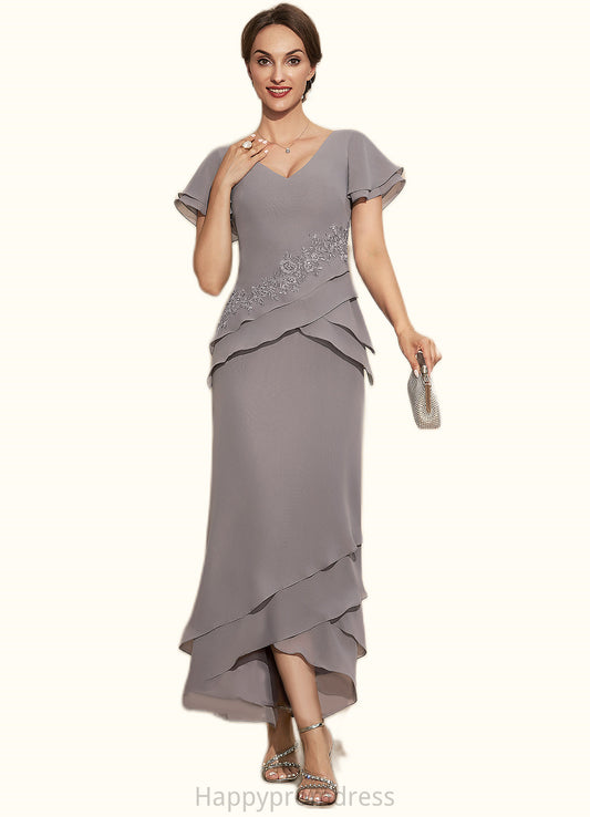 Bella Sheath/Column V-neck Asymmetrical Chiffon Mother of the Bride Dress With Appliques Lace Cascading Ruffles XXS126P0014617