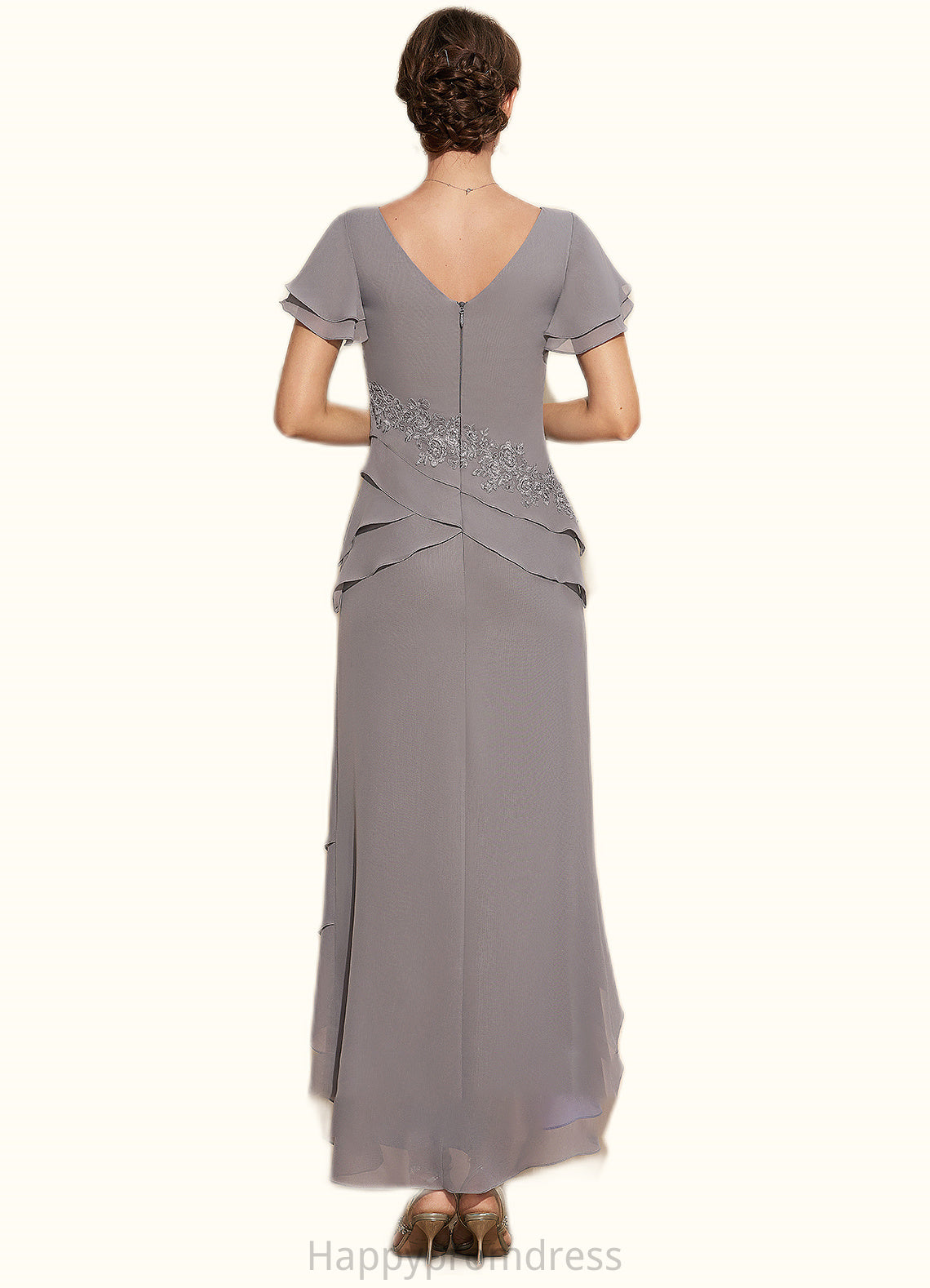 Bella Sheath/Column V-neck Asymmetrical Chiffon Mother of the Bride Dress With Appliques Lace Cascading Ruffles XXS126P0014617