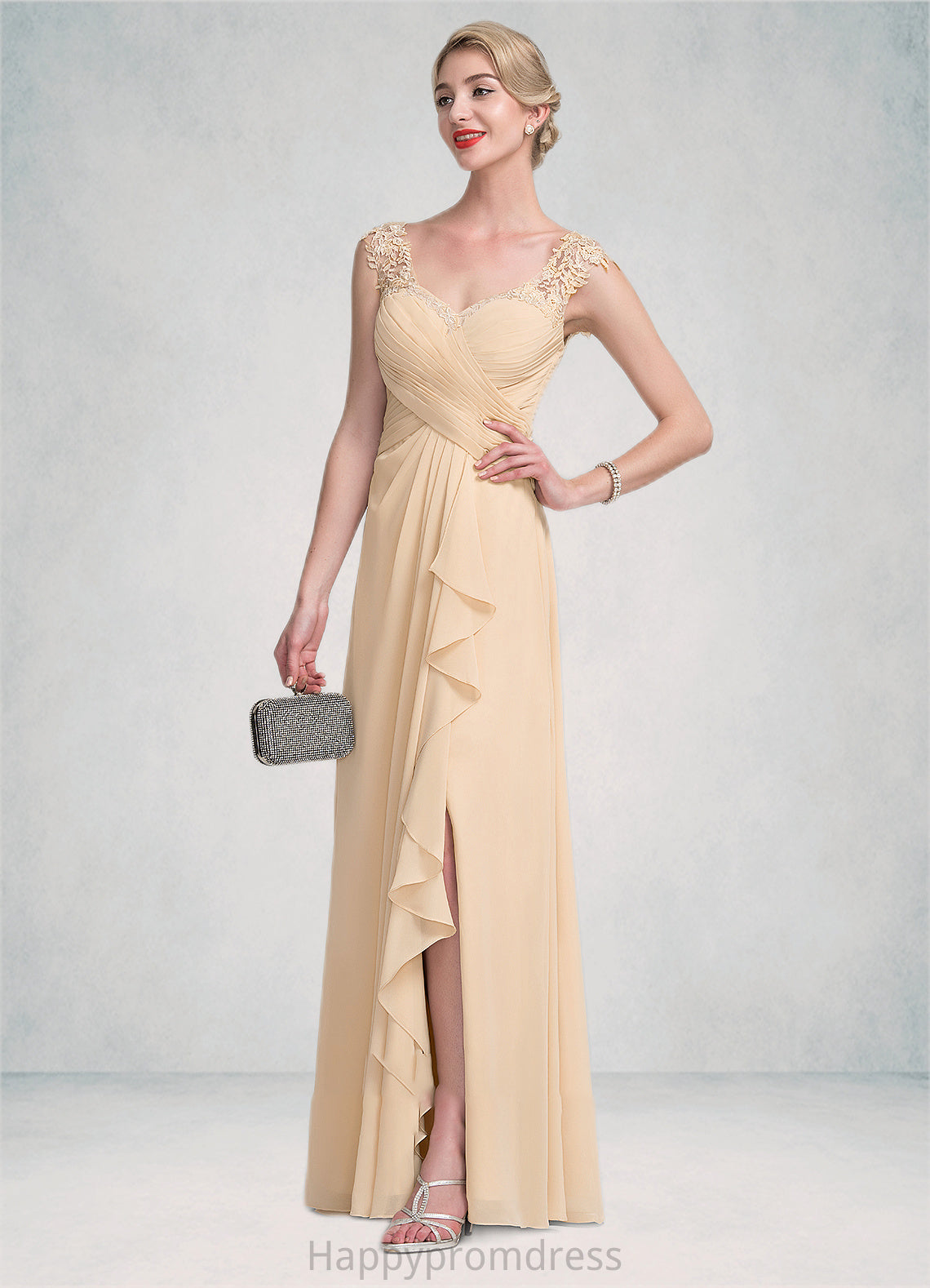 Autumn A-Line V-neck Floor-Length Chiffon Lace Mother of the Bride Dress With Split Front Cascading Ruffles XXS126P0014619