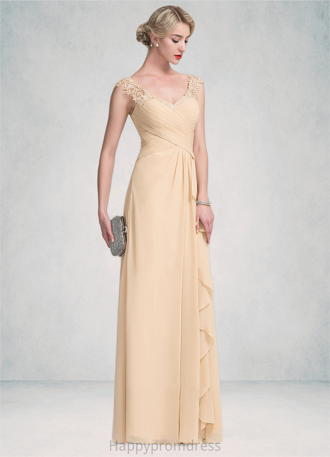 Autumn A-Line V-neck Floor-Length Chiffon Lace Mother of the Bride Dress With Split Front Cascading Ruffles XXS126P0014619