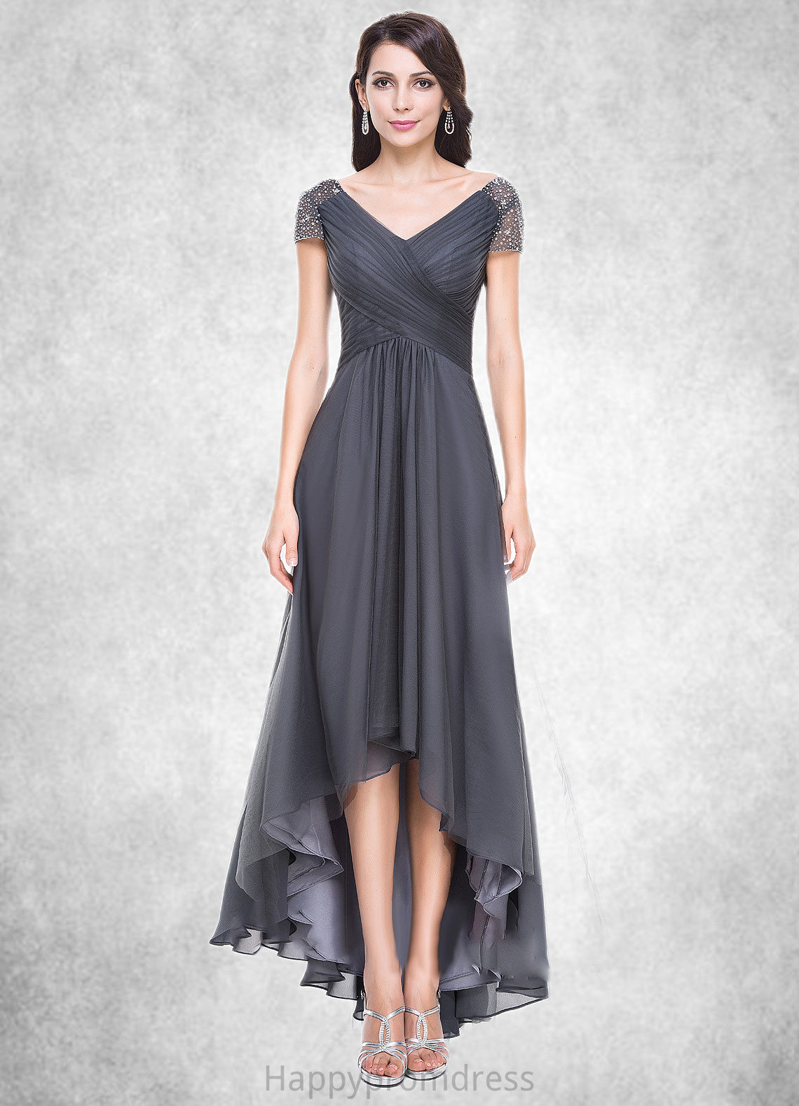 Toni A-Line V-neck Asymmetrical Tulle Mother of the Bride Dress With Ruffle Beading Sequins XXS126P0014620