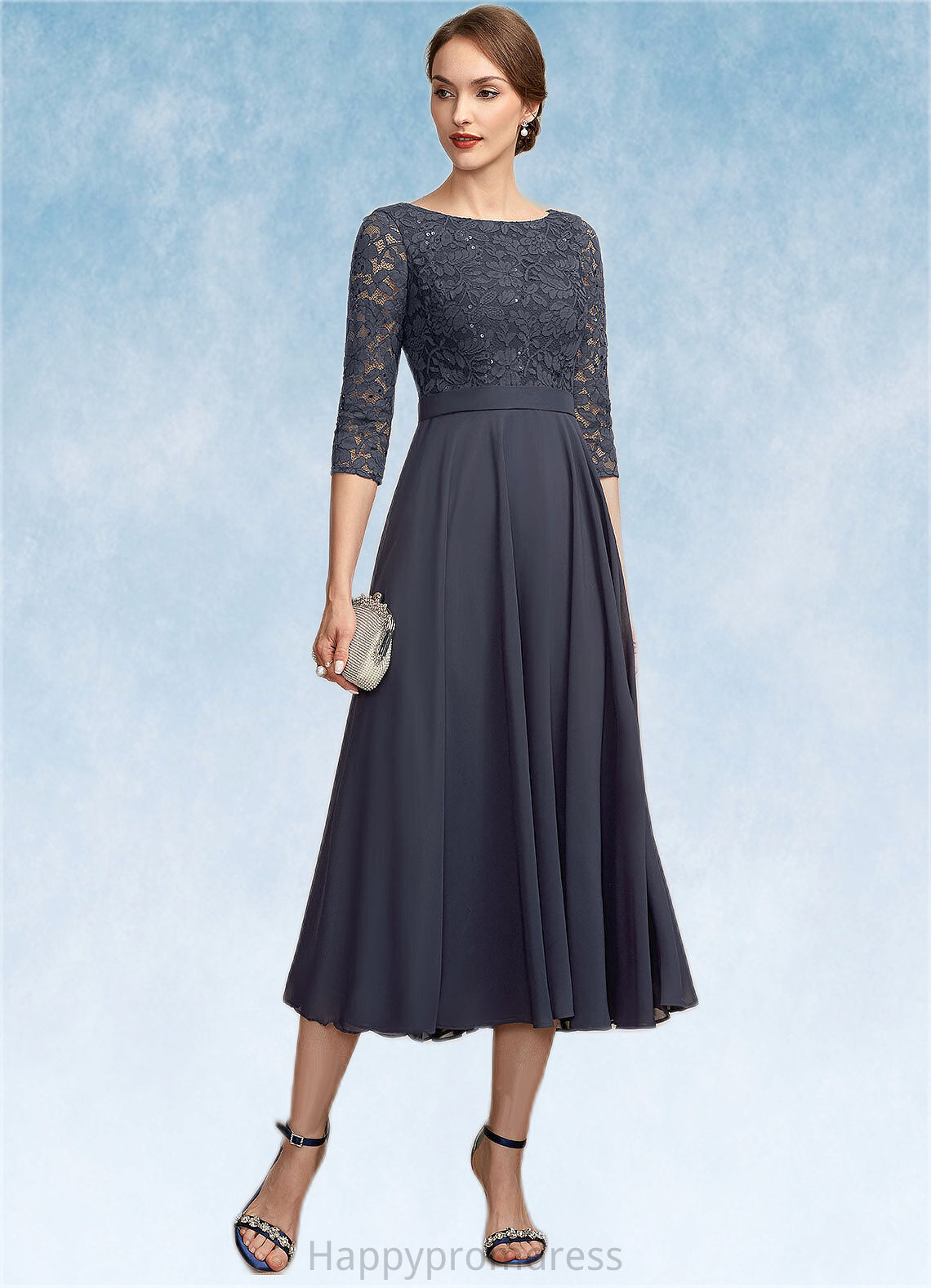 Taylor A-Line Scoop Neck Tea-Length Chiffon Lace Mother of the Bride Dress With Sequins XXS126P0014621