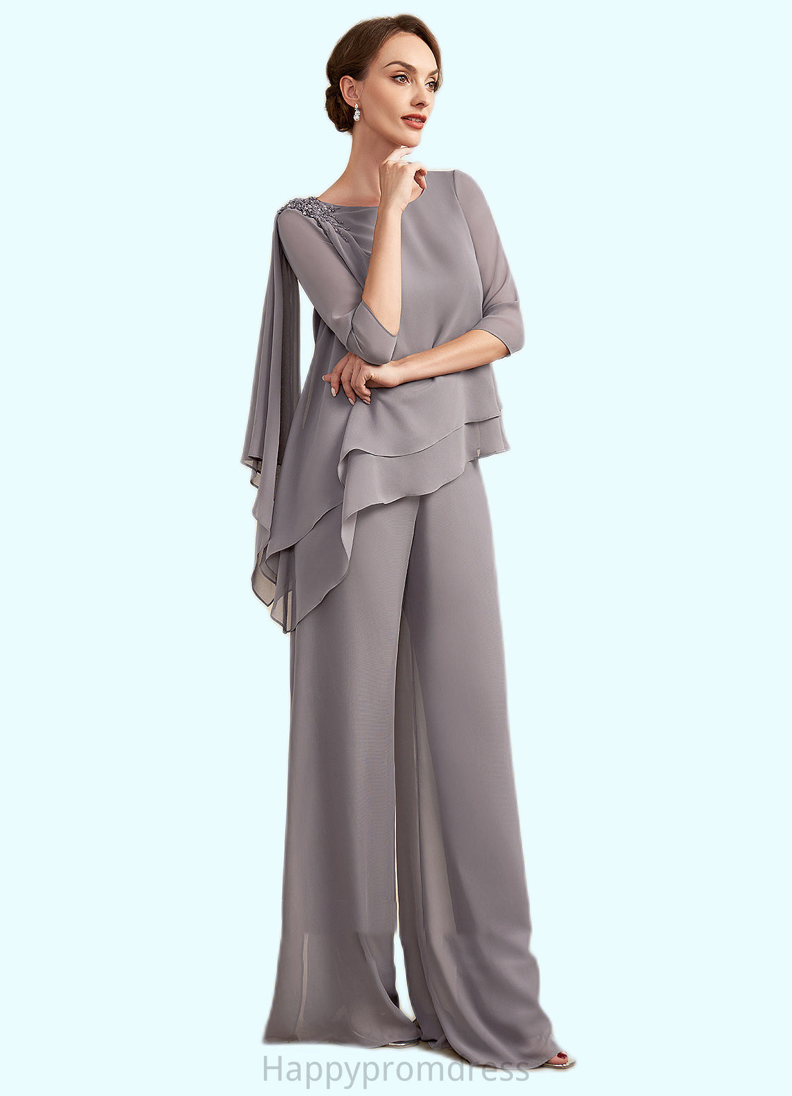 Harper Jumpsuit/Pantsuit Scoop Neck Floor-Length Chiffon Mother of the Bride Dress With Beading XXS126P0014630