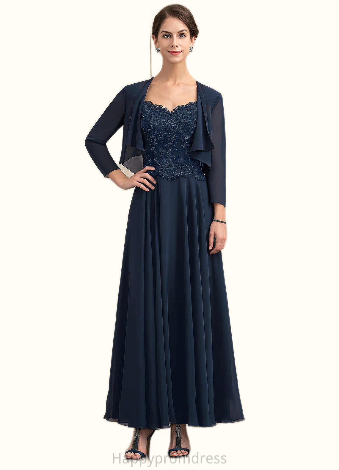 Bella A-line V-Neck Ankle-Length Chiffon Lace Mother of the Bride Dress With Sequins XXS126P0014637