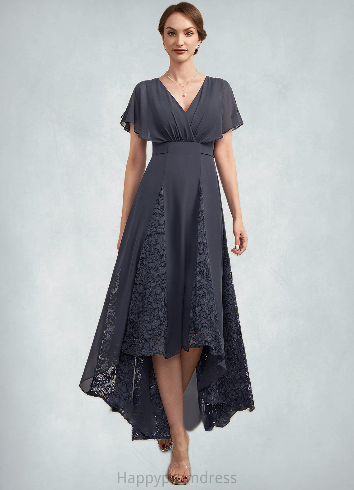 Vivien A-Line V-neck Asymmetrical Chiffon Lace Mother of the Bride Dress With Ruffle XXS126P0014638