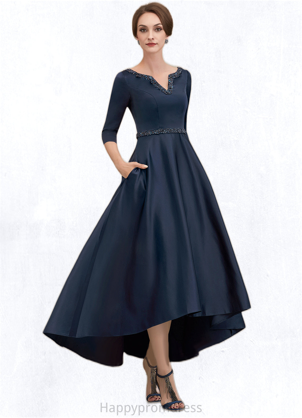 Maisie A-Line V-neck Asymmetrical Satin Mother of the Bride Dress With Beading Sequins Pockets XXS126P0014641