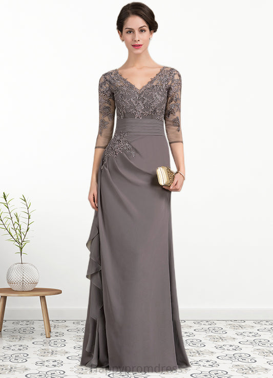 Eve A-line V-Neck Floor-Length Chiffon Lace Mother of the Bride Dress With Cascading Ruffles XXS126P0014645