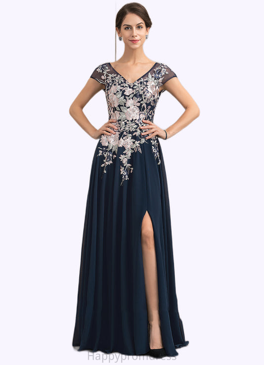 Izabelle A-Line V-neck Floor-Length Chiffon Lace Mother of the Bride Dress With Split Front XXS126P0014649