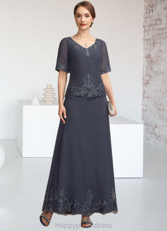 Mignon A-Line V-neck Ankle-Length Chiffon Lace Mother of the Bride Dress With Sequins XXS126P0014650