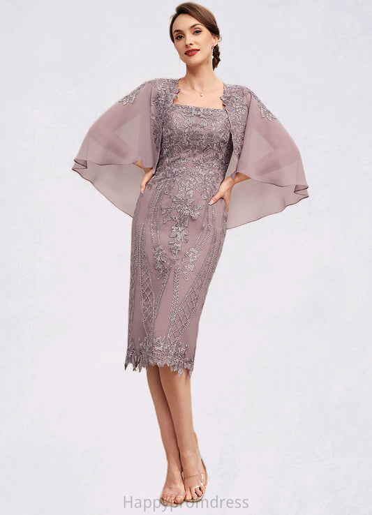 Adalyn Sheath/Column Square Neckline Knee-Length Chiffon Lace Mother of the Bride Dress With Sequins XXS126P0014653