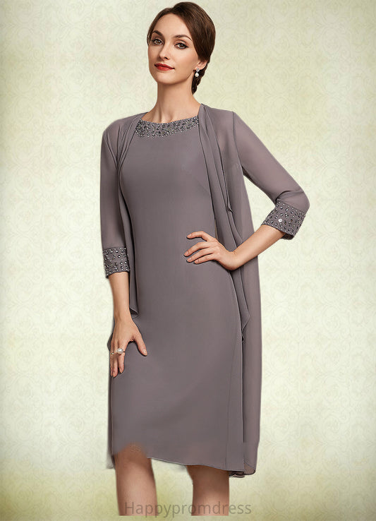 Iris A-Line Scoop Neck Knee-Length Chiffon Mother of the Bride Dress With Beading XXS126P0014654