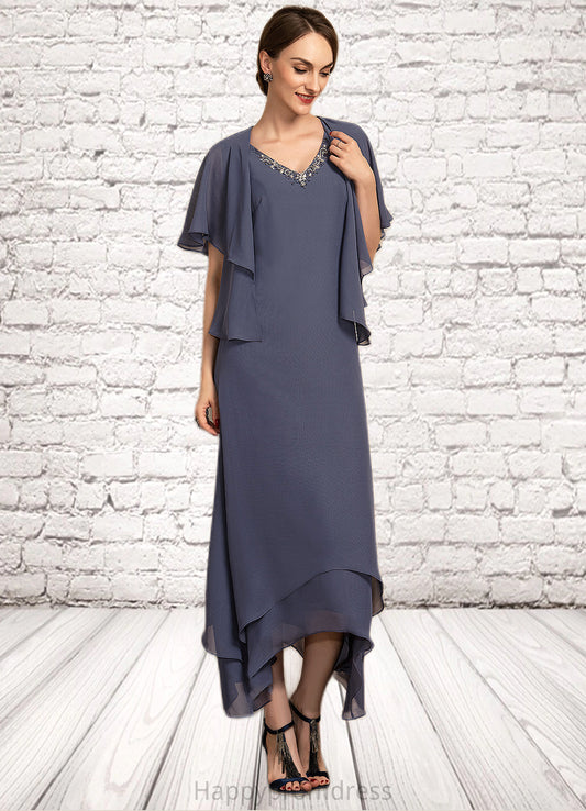 Luna A-line V-Neck Ankle-Length Chiffon Mother of the Bride Dress With Beading XXS126P0014655