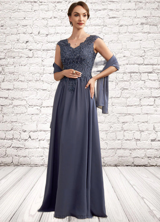 Matilda A-Line V-neck Floor-Length Chiffon Lace Mother of the Bride Dress With Beading Sequins XXS126P0014657